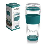 Tupkee Double Wall Glass Tumbler - 14-Ounce, All Glass Reusable Insulated Tea/Coffee Mug & Lid, Hand Blown Glass Travel Mug - Cyan
