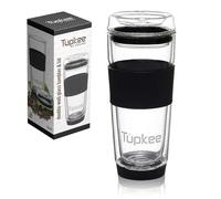 Tupkee Double Wall Glass Tumbler - 14-Ounce, All Glass Reusable Insulated Tea/Coffee Mug & Lid, Hand Blown Glass Travel Mug - Black