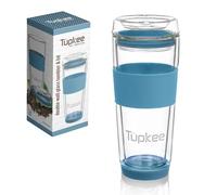 Tupkee Double Wall Glass Tumbler - 14-Ounce, Reusable Insulated Tea/Coffee Mug & Lid, Hand Blown Travel Mug - Niagara