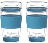 Tupkee Double Wall Glass Tumbler - 8-Ounce, All Glass Hand Blown Reusable Insulated Tea/Coffee Mug & Lid, Travel Mug - Niagara - 2 Pack
