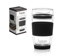 Tupkee Double Wall Glass Tumbler - 8-Ounce, All Glass Reusable Insulated Tea/Coffee Mug & Lid, Hand Blown Glass Travel Mug - Black