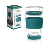 Tupkee Double Wall Glass Tumbler - 8-Ounce, All Glass Reusable Insulated Tea/Coffee Mug & Lid, Hand Blown Glass Travel Mug - Cyan