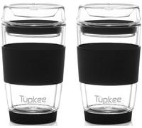 Tupkee Double Wall Glass Tumbler - 8-Ounce, Reusable Insulated Tea/Coffee Mug & Lid, Hand Blown Travel Mug - Black - 2 Pack