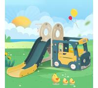 TUPOSTAR Children's Slide, 4-in-1 Kids Slide Set Including Bus, Slide, Activity Ladder, Basketball Hoop and Matching Basketball, Made of High Density Polyethylene,A