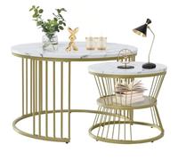 TUPOSTAR Round Nesting Coffee Table, Modern White & Gold Coffee Table, Set of 2 Center Table, with Golden Iron Frame, for Living Room Balcony, Apartment Office,Gold