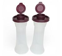 Tupperware Large Hourglass Salt and Pepper Shakers Clear Containers with Dark Vineyard Seals