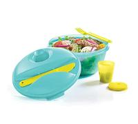 Tupperware Salad on the Go Set Lunch Keeper 6.25 Cup Bowl, Fork, Knife and Midget Blue Green