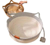 tuqieui Cat Basket Bed, Handwoven Round Pet Nest with Scratch Pad and Toy Ball (Gray,S)
