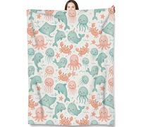 Turamurra Sea Creatures Throw Blanket Gifts for Adults Kids, Ocean Animals Dolphin Crab Blankets for Living Room Bedroom Decor, Fuzzy Warm Flannel Plush 60"x80"