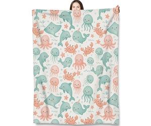 Turamurra Sea Creatures Throw Blanket Gifts for Adults Kids, Ocean Animals Dolphin Crab Blankets for Living Room Bedroom Decor, Fuzzy Warm Flannel Plush 60"x80"