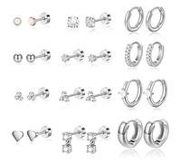 Turandoss 12 Pairs Silver Stud Hoop Earrings for Women, Hypoallergenic 316L Surgical Steel Flat Back Earrings Helix Huggie Earring Cartilage Earring Tragus Conch Daith Rook Piercing Jewellery Set