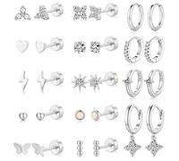 Turandoss 14 Pairs Silver Stud Hoops Earrings Set for Women, 14K Gold Plated Hypoallergenic Flat Back Stud Earrings Helix Huggie Drop Hoop Earring Cartilage Sleeper Earring Stack Piercing Jewellery