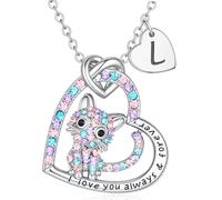 Turandoss Cat Gifts for Girls, 14K White Gold Plated Cat Necklace | Colorful CZ Heart Pendant Cat Necklace for Girls, Initial Necklace for Girls, Jewellery Birthday Gifts for Girl Kids Daughter
