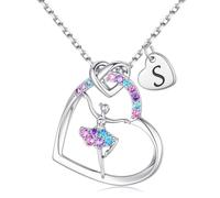 Turandoss Dance Initial Necklace for Girls - 14K White Gold Plated Ballerina Necklaces, Colorful Zircon Initial A-Z Heart Necklace Birthday Gifts for Girls Ballerina Teen Daughter Kids Jewellery