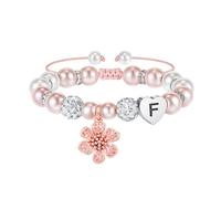 Turandoss Gifts for 10 Year Old Girls - Adjustable Pink White Pearl Bracelet Initial F Flower Charm Bracelet for Sister Friends Daughter Granddaughter Niece Girls Birthday Gifts for 6 7 8 10 Year Old