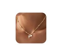 Turandoss Gold Initial Cross Necklace for Girls - 14K Gold Plated Necklace | Heart Initial A - Z Necklaces for Women, Birthday Christian Christening Gifts for Teen Girls Daughter Granddaughter Jewellery