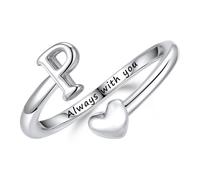 Turandoss Heart Initial Rings for Girls Gifts - 14K White Gold Plated Initial Rings for Women, Adjustable Letter A - Z Engraved Words Open Finger Ring Birthday Gifts for Daughter Teen Girls Jewellery