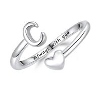 Turandoss Heart Initial Rings for Girls Gifts - 14K White Gold Plated Initial Rings for Women, Adjustable Letter A - Z Engraved Words Open Finger Ring Birthday Gifts for Daughter Teen Girls Jewellery