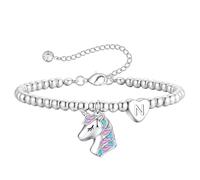 Turandoss Silver Heart Initial Bracelets for Girls, 14K White Gold Plated Unicorn Initial N Bracelet for Daughter Niece Rainbow CZ Unicorns Bracelets Birthday Unicorn Gifts for Kids Ages 6-10