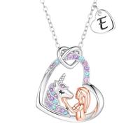Turandoss Unicorn Gifts for Girls Kids Silver Heart Initial Necklace | Silver Plated Colorful CZ Unicorn Necklace for Girls Heart Initial Necklace, Jewellery Birthday Gifts for Girls Kids