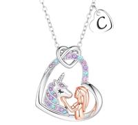 Turandoss Unicorn Gifts for Girls Kids Silver Heart Initial Necklace | Silver Plated Colorful CZ Unicorn Necklace for Girls Heart Initial Necklace, Jewellery Birthday Gifts for Girls Kids