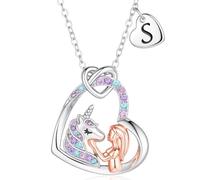 Turandoss Unicorn Gifts for Girls Kids Silver Heart Initial Necklace | Silver Plated Colorful CZ Unicorn Necklace for Girls Heart Initial Necklace, Jewellery Birthday Gifts for Girls Kids