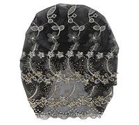 Turban Head Wraps for Women, Stylish Embroidered Feather Design European Retro Hat, Elegant Slouchy Bonnet with Beading, Breathable Net Yarn Fabric, One Size Fits Most (Black)