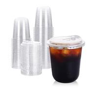 Turbo Bee 50 Pack - 12 oz Round Bottom Clear Plastic Cups with Strawless Sip - Lids, Disposable To Go Coffee Cups with Sippy Lids for Iced Coffee, Cold Drinks and Beverages