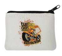 Turbo Chicks Reloaded Burn The Road Biker Graphic Neoprene Coin Purse Pouch 12x9cm White