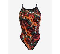 Turbo Tiger Roses Thin Straps Swimsuit Black Orange Women - M