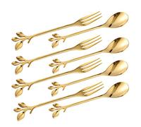 Turbokey Tableware Gold Leaf Coffee Spoon Fork,8 Pack(4 Spoons 4 Forks) Little Demitasse Espresso Spoon and Appetizer Dessert Forks Set,4.7 Inches Tea Spoon Set (Gold8)