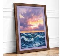 Turbulent Waters at Dusk Coastal Framed Wall Art Print A4 (29.7×21cm) Walnut, Wall Decor for Living Room, Bedroom, Office & Home, Ready to Hang, Art Gift