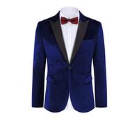 TURETRENDY Men's Velvet Blazer One Button Solid Wedding Tuxedo Slim Fit Luxury Velour Suit Jacket for Dinner,Prom,Party, Navy Blue, L