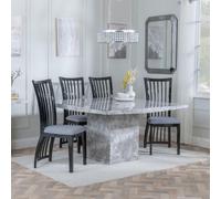 Turin Dining Set - 8 Seater - 140cm - Square - Grey Marble - Athena Dining Chairs - Black High Gloss - Grey Seat Pads