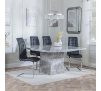 Turin Dining Set - 8 Seater - 140cm - Square - Grey Marble - Jamison Dining Chairs - Black Faux Leather