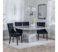 Turin Dining Set - 8 Seater - 140cm - Square - Grey Marble - Knocker Back Dining Chairs - Black Velvet Fabric - Black Wooden Legs