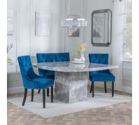 Turin Dining Set - 8 Seater - 140cm - Square - Grey Marble - Knocker Back Dining Chairs - Blue Velvet Fabric - Black Wooden Legs