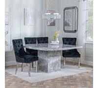 Turin Dining Set - 8 Seater - 140cm - Square - Grey Marble - Lion Knocker Back Dining Chairs - Black Velvet Fabric - Chrome Legs