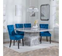 Turin Dining Set - 8 Seater - 140cm - Square - Grey Marble - Lion Knocker Back Dining Chairs - Blue Velvet Fabric - Black Wooden Legs