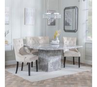 Turin Dining Set - 8 Seater - 140cm - Square - Grey Marble - Lion Knocker Back Dining Chairs - Champagne Velvet Fabric - Black Wooden Legs