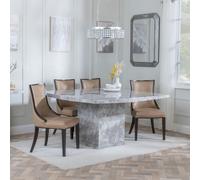 Turin Dining Set - 8 Seater - 140cm - Square - Grey Marble - Paris Dining Chairs - Taupe Leather - Brown Legs