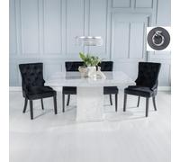 Turin Dining Set - 8 Seater - 140cm - Square - White Marble - Knocker Back Dining Chairs - Black Fabric - Black Legs