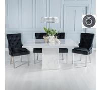Turin Dining Set - 8 Seater - 140cm - Square - White Marble - Knocker Back Dining Chairs - Black Fabric - Chrome Legs