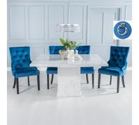 Turin Dining Set - 8 Seater - 140cm - Square - White Marble - Knocker Back Dining Chairs - Blue Fabric - Black Legs