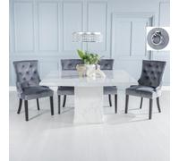 Turin Dining Set - 8 Seater - 140cm - Square - White Marble - Knocker Back Dining Chairs - Grey Fabric - Black Legs