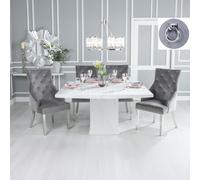 Turin Dining Set - 8 Seater - 140cm - Square - White Marble - Knocker Back Dining Chairs - Grey Fabric - Chrome Legs