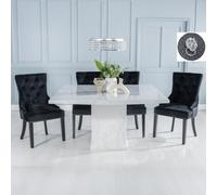 Turin Dining Set - 8 Seater - 140cm - Square - White Marble - Lion Head Ring Back Dining Chairs - Black Fabric - Black Legs