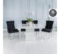Turin Dining Set - 8 Seater - 140cm - Square - White Marble - Lion Head Ring Back Dining Chairs - Black Fabric - Chrome Legs