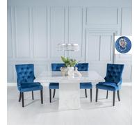 Turin Dining Set - 8 Seater - 140cm - Square - White Marble - Lion Head Ring Back Dining Chairs - Blue Fabric - Black Legs