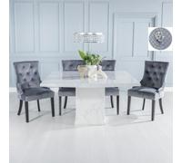 Turin Dining Set - 8 Seater - 140cm - Square - White Marble - Lion Head Ring Back Dining Chairs - Grey Fabric - Black Legs